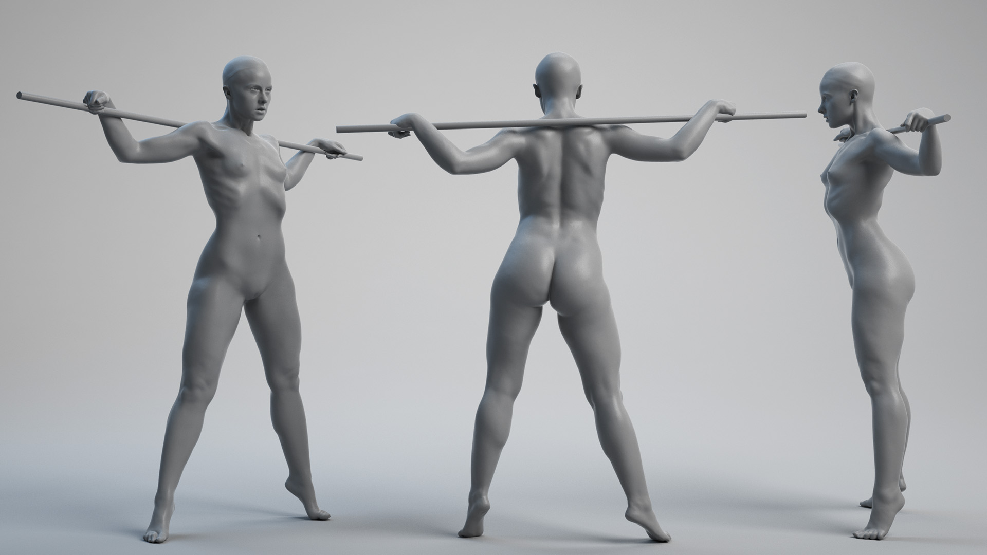 Female posing using pole on shoulders in 3D model for reference